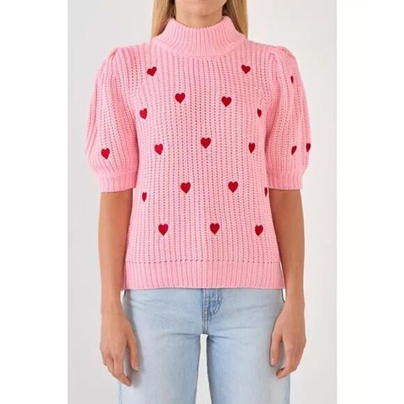 English Factory Heart Shape Embroidery Sweater Top size M Pink Turtleneck - Picture 1 of 8